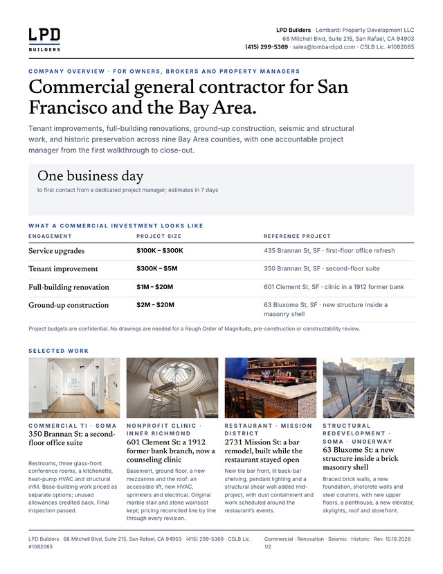 Page one of the LPD Builders company overview